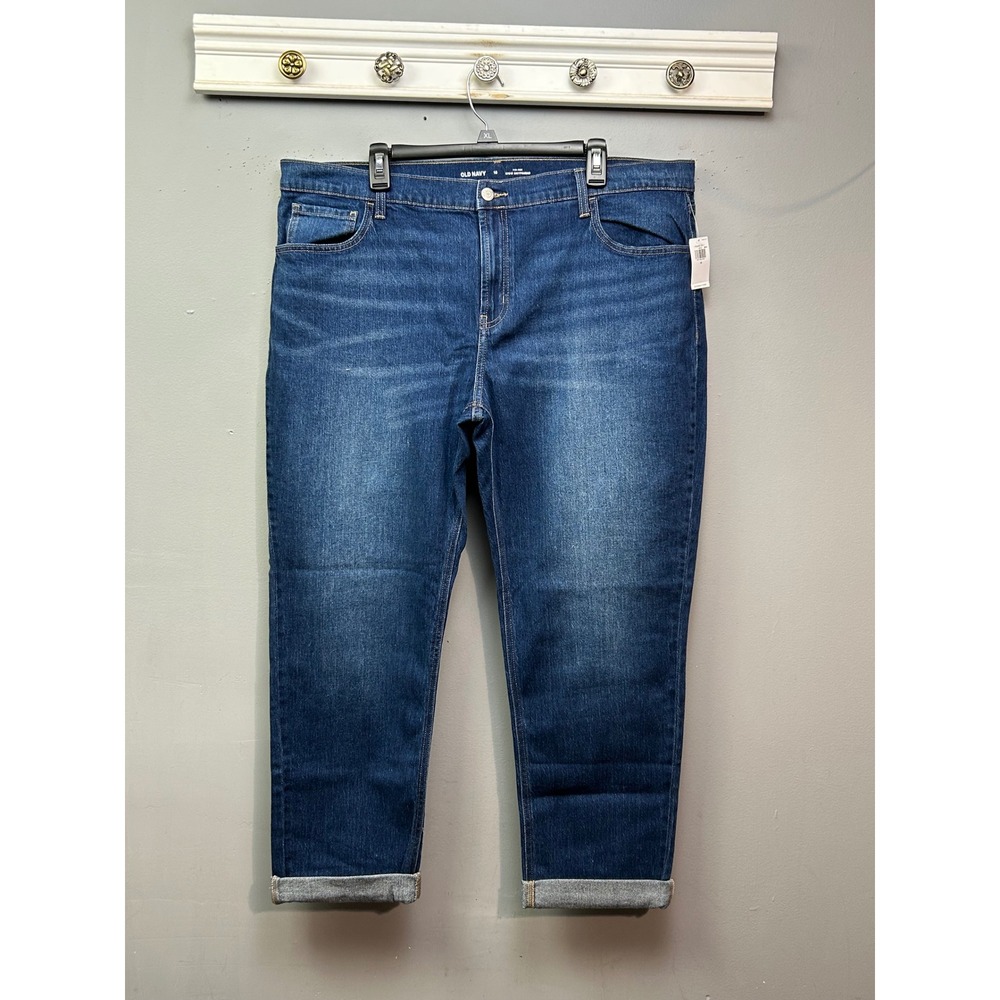 Old Navy Jeans Women 18 Blue Wow Boyfriend Mid Rise Stretch Dark Wash Cuffed
